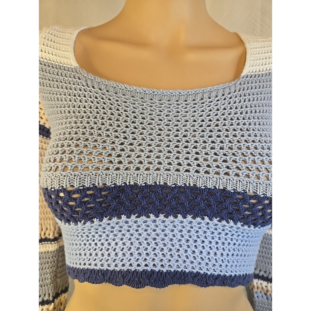 Altar'd State Women XS Crochet Crop Top Tie Back Bell Sleeve Blue Boho - Picture 6 of 10